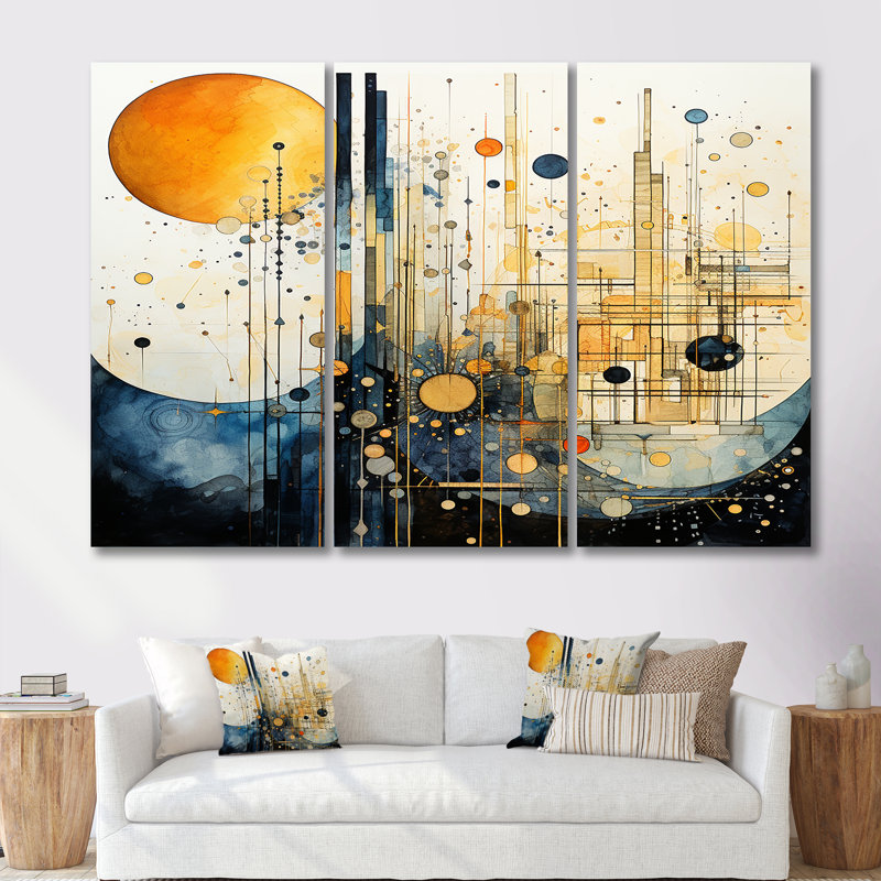 Pleine lune, musique, montagnes, paysage abstrait, ensemble d'art mural, Toile tendue, H 40 po x l 60 po x P 1 po