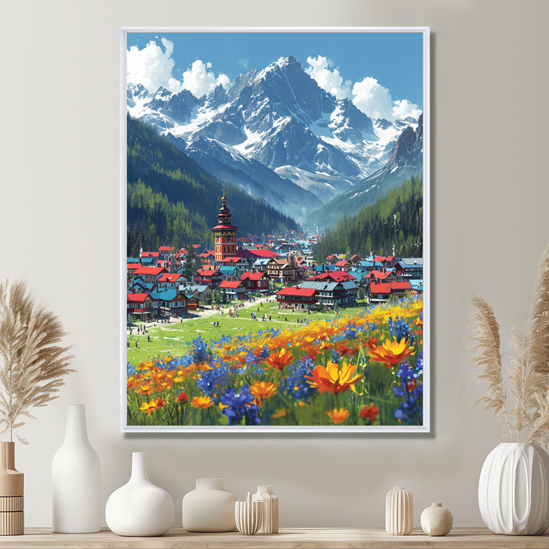 Impression sur toile murale, «Swiss Mountain Town Blossoming Spring Flowers» - campagne, Cadre flottant blanc, bois massif