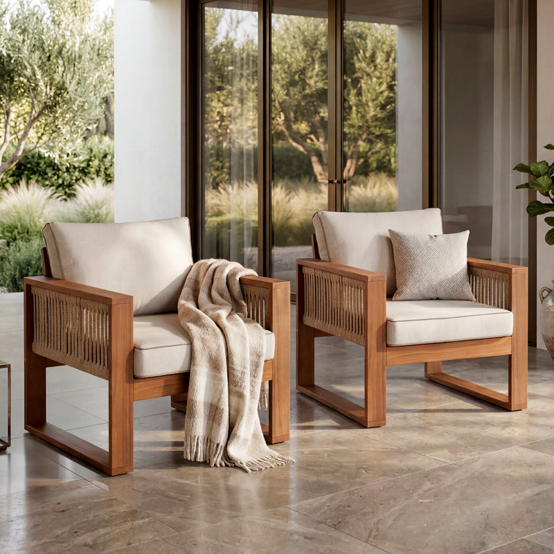Chaises longues en bois d'acacia Aira avec coussins résistants à l'eau et décorations en corde