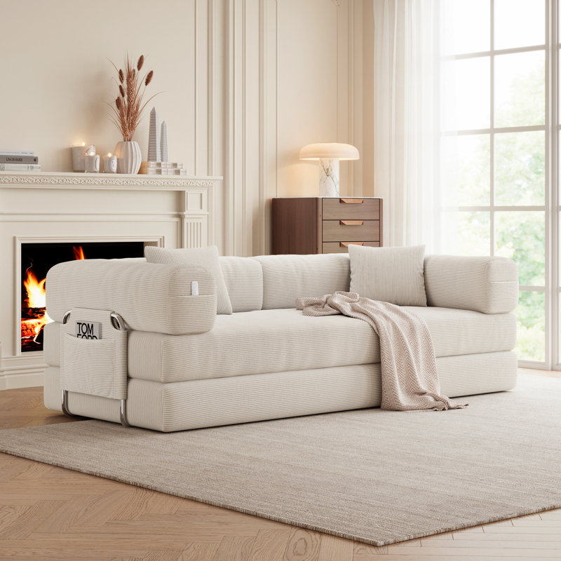 78.7" Large 5 in 1 Sofa Bed Convertible, No Tools Assembly Sleeper Sofa, Modern FrameLess Boneless Couch, Washable Corduroy Couch, Oversized for Small Space, 2 Pillows Included, White