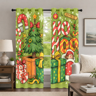 2Pcs Green Christmas Tree Print Curtains, Festive Holiday Style Drapes, Cartoon Elements Pattern Printed Art Grommet Curtains, Window Treatment for Bedroom Living Room Decor
