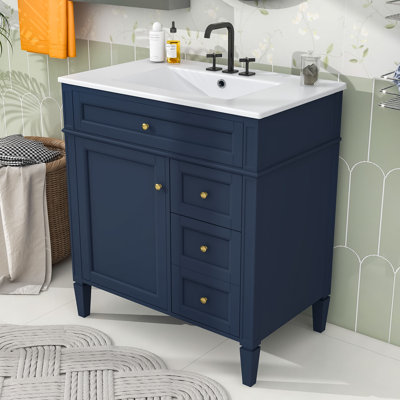 Epke Wood Single Bathroom Vanity Cabinet with Ceramic Basin Sink and Multi-Storage