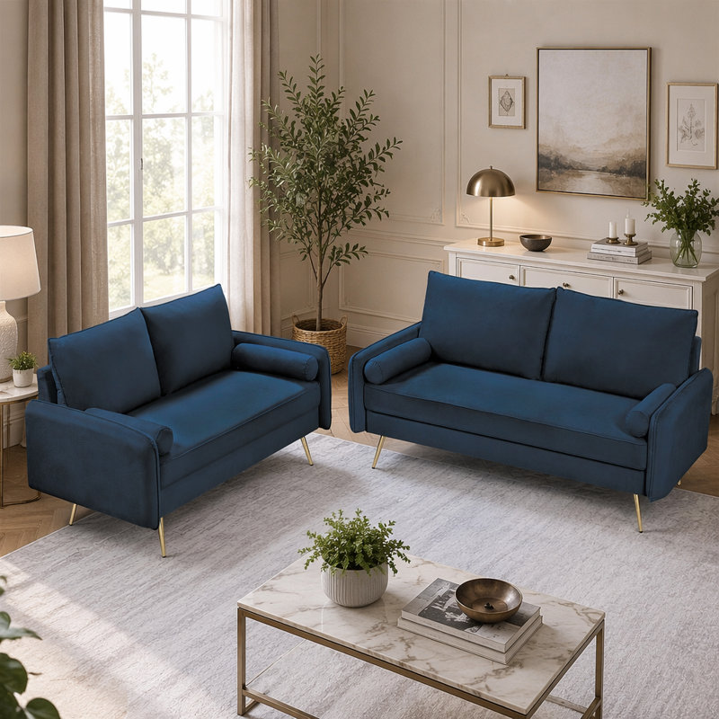 Ensemble de canapés en velours 2 pièces avec pieds en métal doré, 77" W, Dark Blue Polyester