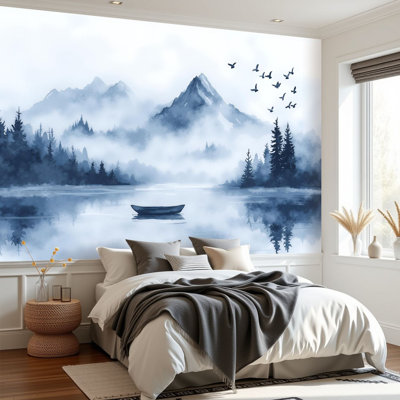 Papier peint adhésif auto-adhésif Indigo Misty Mountain Foggy Lake Boat