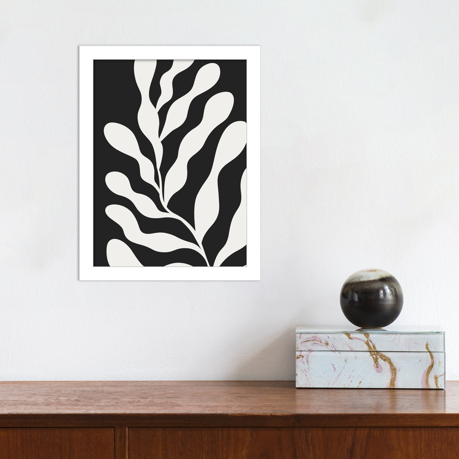 Retro Matisse Inspired Abstract Botanical 3 Black, 13" H x 10" W x 1" D, White