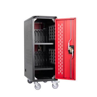 16 Bay Laptop Charging Cart With Power Strip, Black, Steel, Cable Organizers, Locking , For Exhibition And Halls Tablet Office