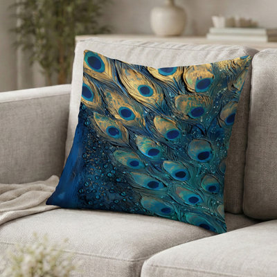Coussin décoratif imprimé de plumes - Coussin décoratif plumes de paon turquoise