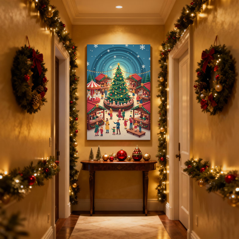 Scène de marché de Noël avec arbre et étals, ensemble de 3 reproductions d'art sur toile, H 30 po x l 20 po