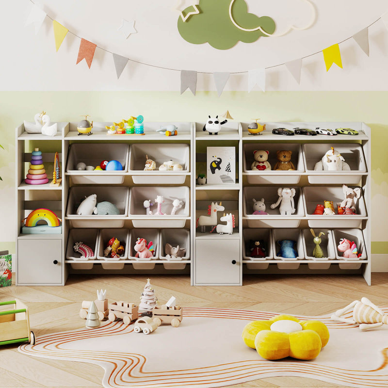 Bibliothèque et rangement pour jouets pour enfants, bibliothèque en bois avec 4 petites boîtes et 4 grandes boîtes grises