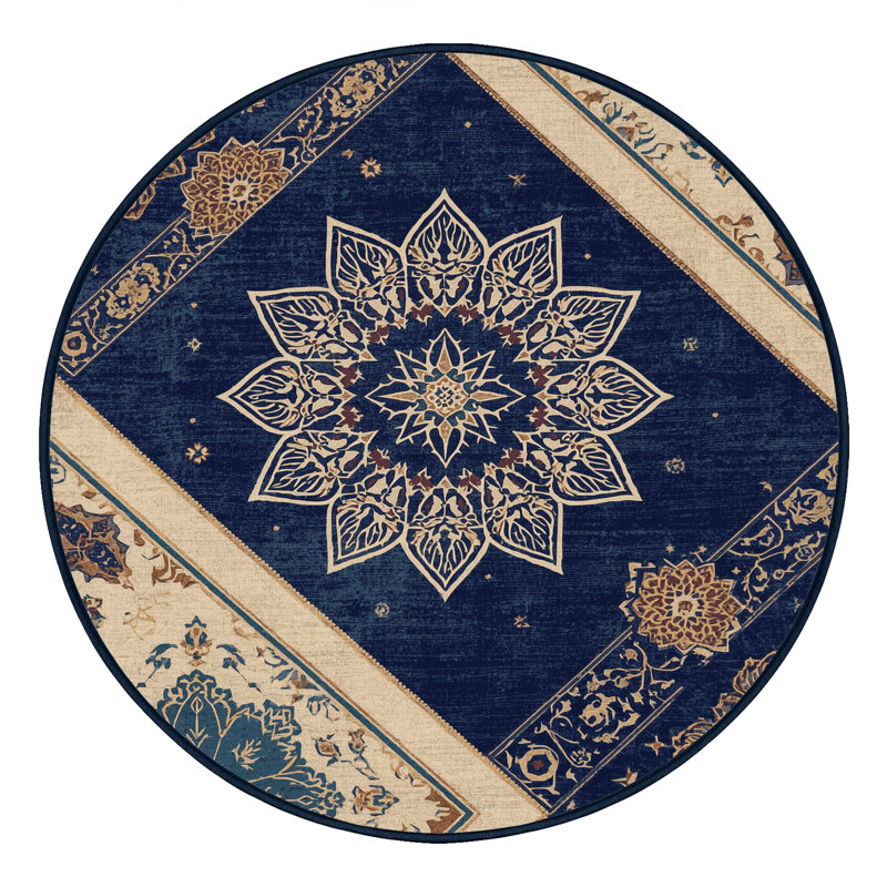 Machine Washable Bensonhurst Classic Oriental Rug in Gray – Navy Binding, 5' Round