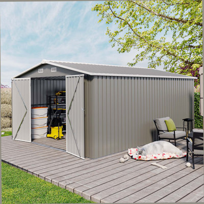 Remise de rangement d'extérieur 10 pi x 14 pi Campcraft avec 3 portes verrouillables, 4 bouches d'aération et toit incliné, remise pour outils en métal et 4 évents pour la cour, le patio, la pelouse et le gris clair
