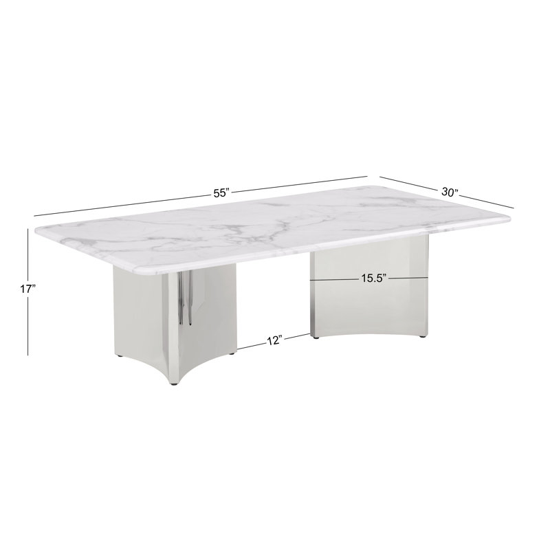Table basse en marbre blanc avec base en acier inoxydable, Argent argent