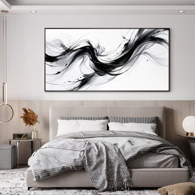 Extra Large Wall Art Fabric Print - Black & White Abstract Ink Wave Modern Living Room Decor - "Frame Assembly Required (Unfinished Frame)"