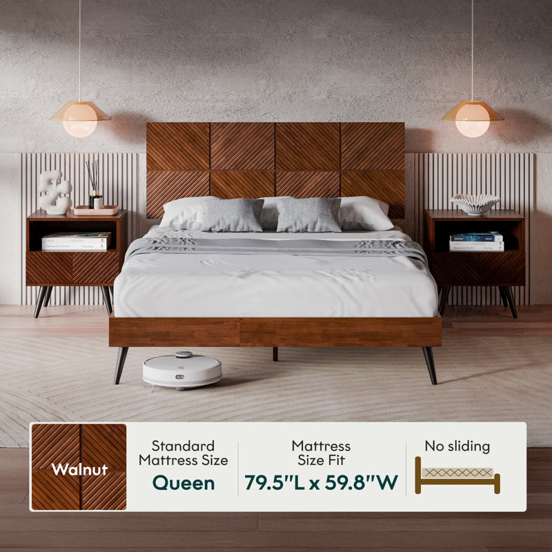Rhombus Solid Rubber Wood Queen Platform Bed Frame with Geometric Headboard & Tapered Legs – Walnut, Walnut, Queen