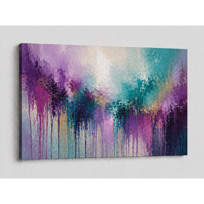 Grand art mural abstrait bleu sarcelle mauve goutte à goutte peinture pour salon chambre à coucher décor moderne 24 x 36 pouces - prêt à accrocher