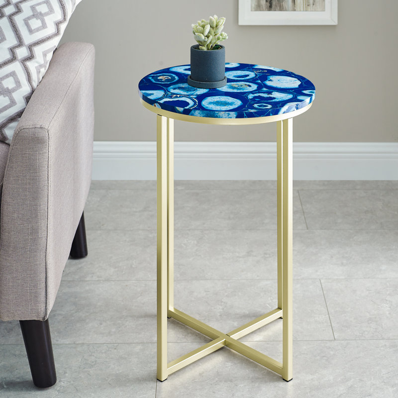 Table de bout avec pieds croisés Francis, Fausse agate bleue