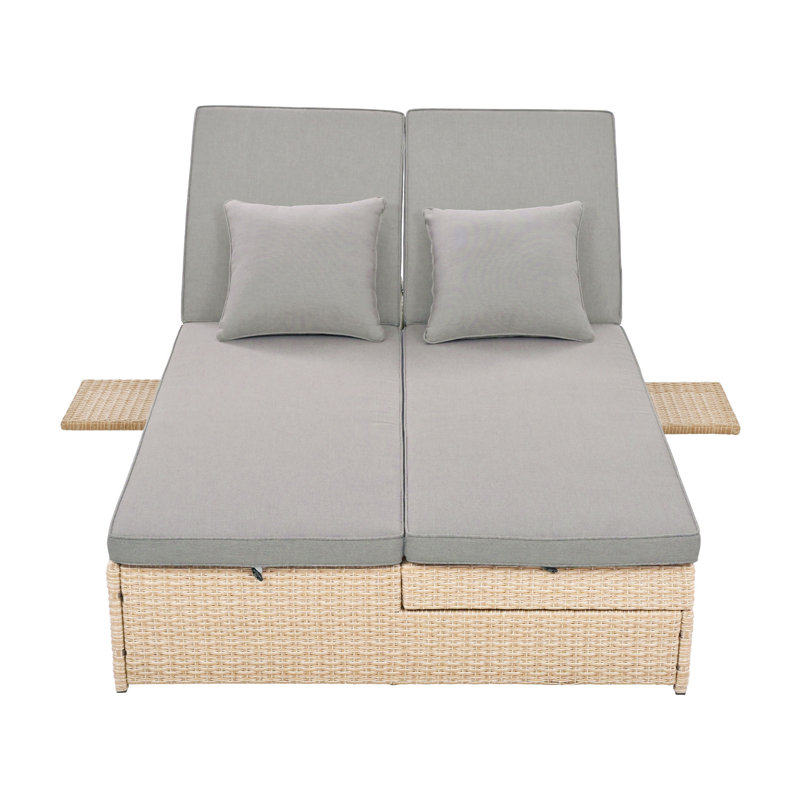 Outdoor Double Sunbed, Wicker Rattan Patio Reclining Chairs With Adjustable Backrest And Seat, Conversational Set For 2 Person