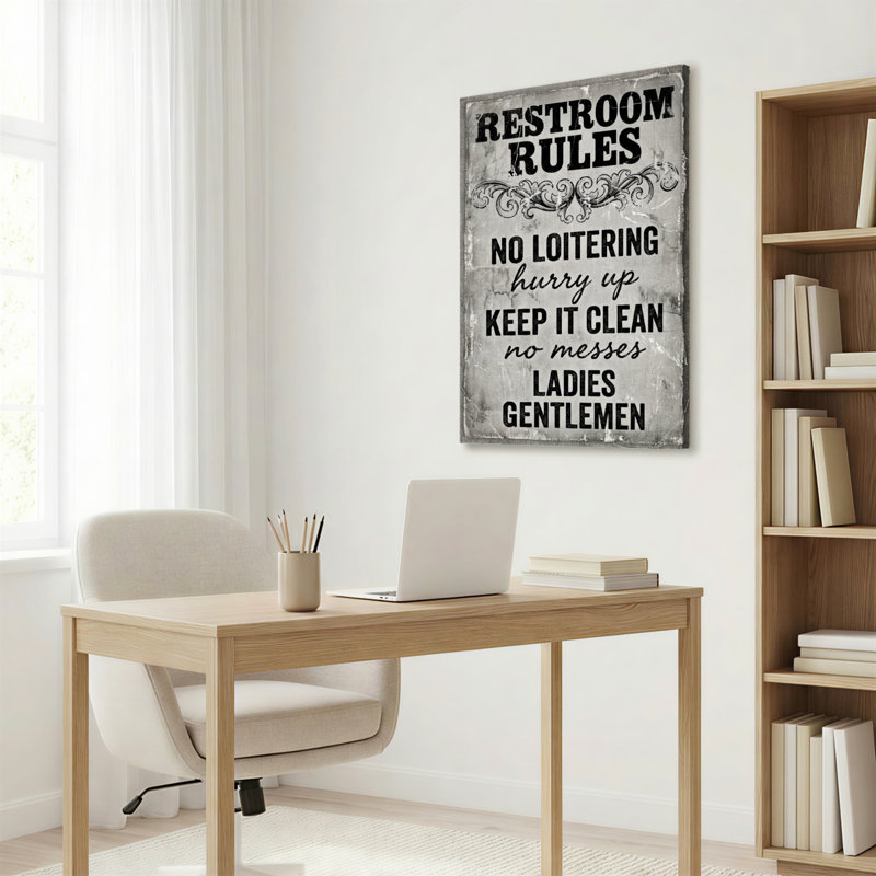 Tableau vintage « Règles des toilettes » sur toile tendue, idéal pour décorer votre salle de bain., H 24 po x l 16 po