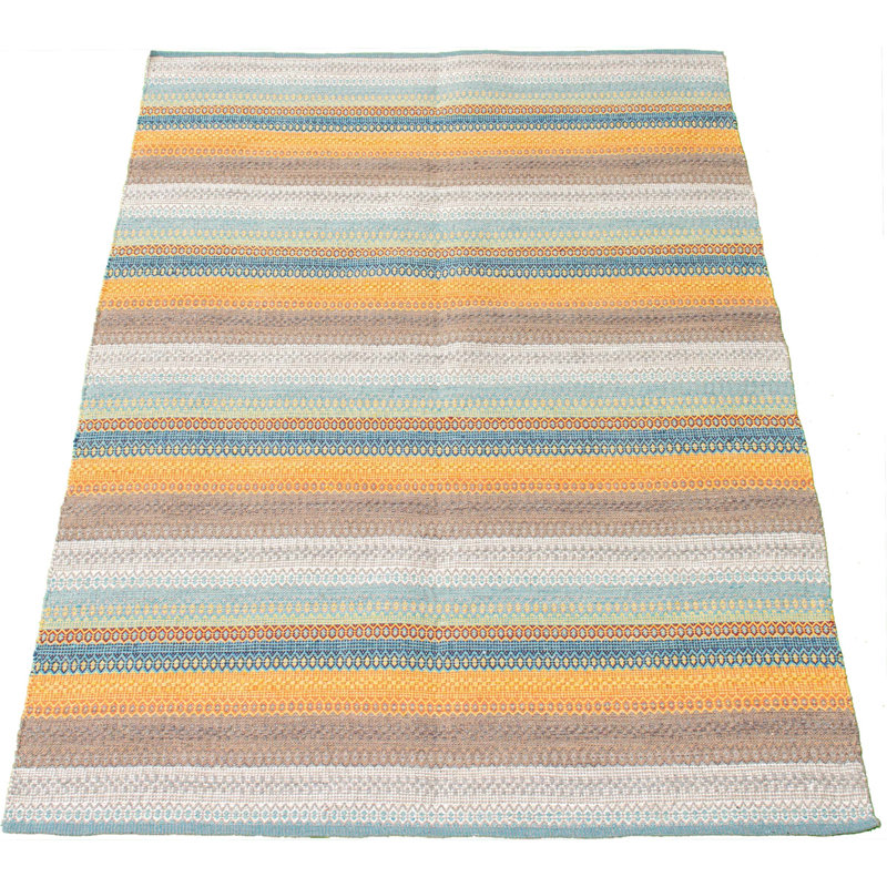 Tapis géométrique en laine bleu clair / orange / ivoire Kilim, Rectangle 5 pi 3 po x 7 pi 10 po