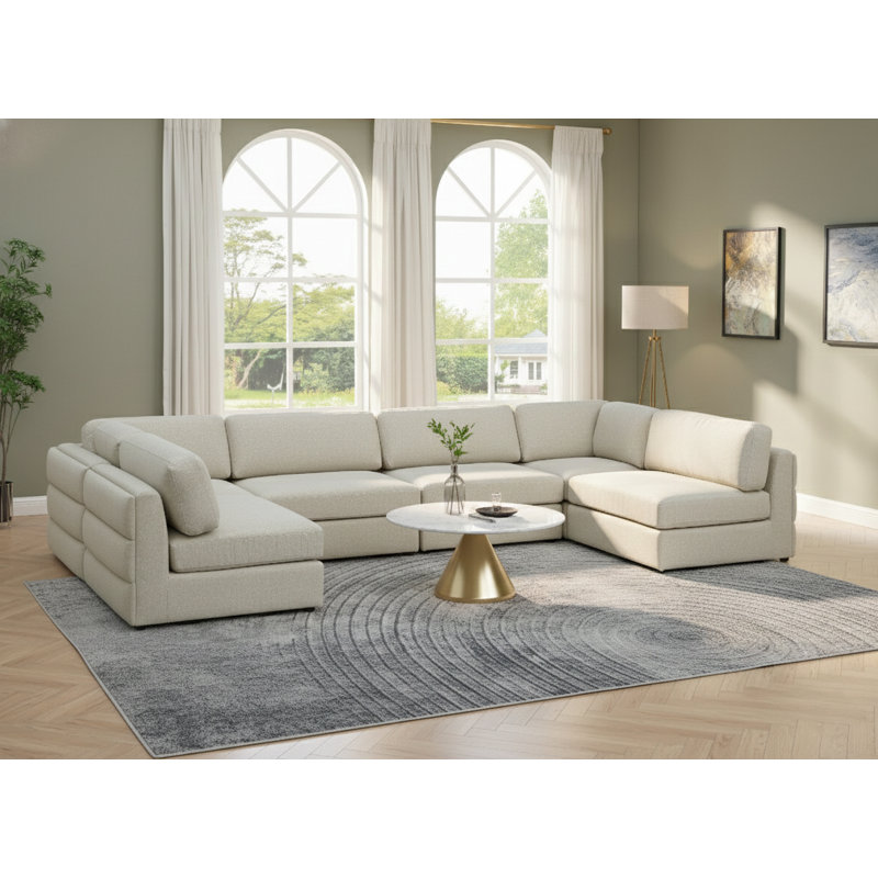 Howardine Upholstered U-Shaped Sectional Reversible, Beige Linen Textured Fabric