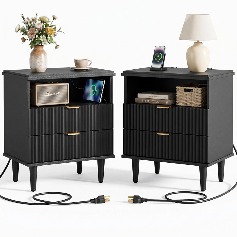 Fluted Nightstand Set of 2 with Charging Station, 23.3'' W End Table with 2 Storage Drawers and Metal Legs, Modern Wood Bedside Table for Bedroom