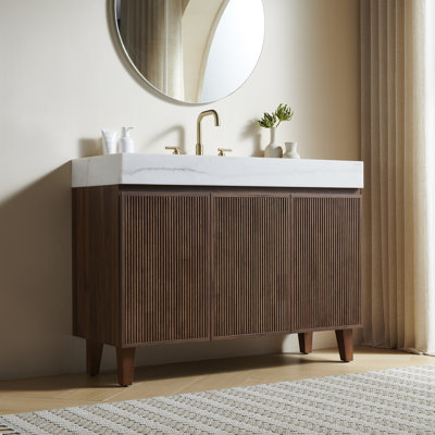 Meuble-lavabo LULA 48, meuble sur pied, plateau en marbre naturel blanc ivoire et lavabo en céramique avec 3 trous pré-percés pour robinetterie, démonté, sans robinetterie ni bonde, couleur noyer.