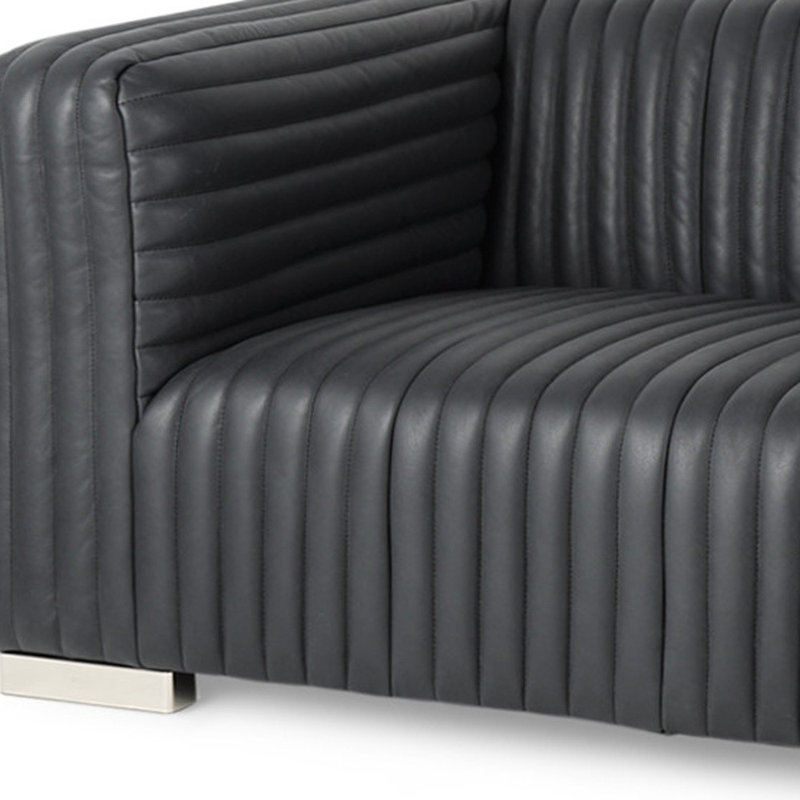 83" Black Leather Sofa With Silver Legs