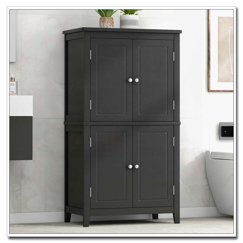 Freestanding Bathroom Storage Cabinet with 4 Doors, Adjustable Shelves, Black