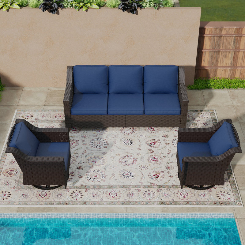 3-Piece Outdoor Wicker Conversation Set with Swivel Side Chairs & Plush Outdoor Cushions, Blue