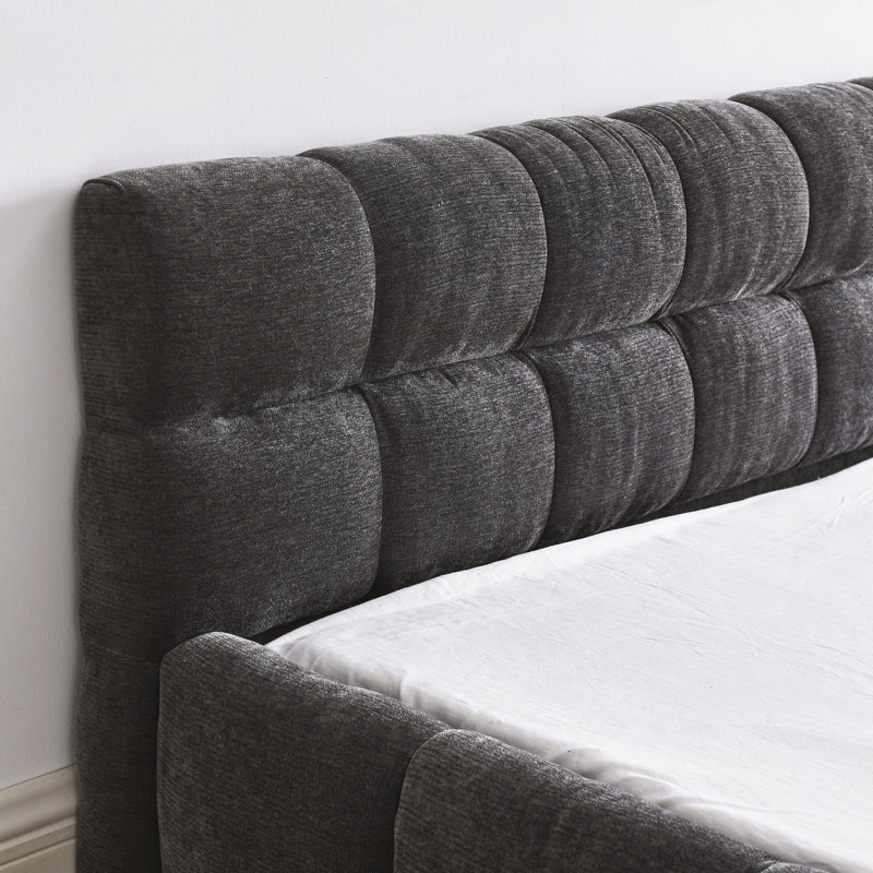 Structure de lit rembourrée avec un tissu épais luxueux, lit plateforme avec une tête de lit confortable et une structure solide et solide pour un sommeil réparateur