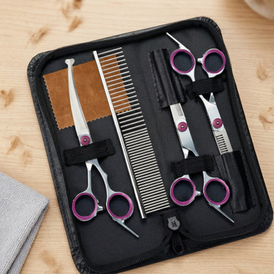 5-In-1 Premium Dog Grooming Scissors Kit, Professional Shears With Safety Round Tips, Stainless Steel Thinning Shears For Dogs & Cats, Pink