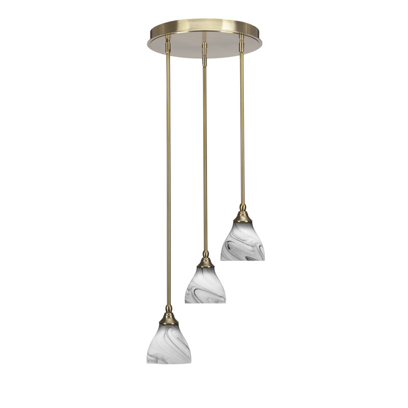 Luminaire suspendu suspendu en grappe à 3 lumières avec verre de marbre blanc 6,25 po Myrtie, Laiton New Age, Tourbillon onyx