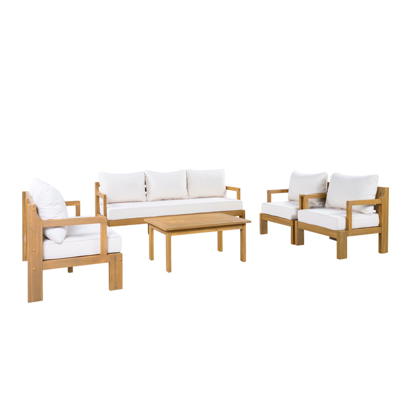 Sevara Modern Coastal Outdoor Acacia Wood Patio Chat Set With Water-Repellent Cushions, Deep Seating And Curved Back Design