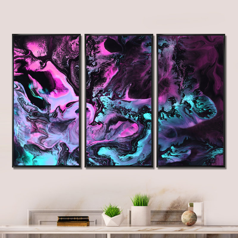 «Neon Green and Pink», ensemble de 3 peintures encadrées sur toile, Noir, noir, noir, noir, H 32 po x l 48 po x P 1 po