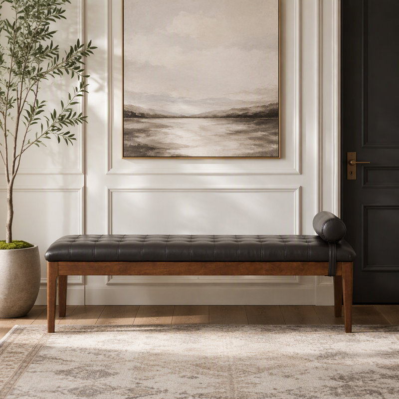 Banc 66 po en similicuir brun avec dossier, pieds en bois massif brun pour le vestibule de la chambre à coucher du salon