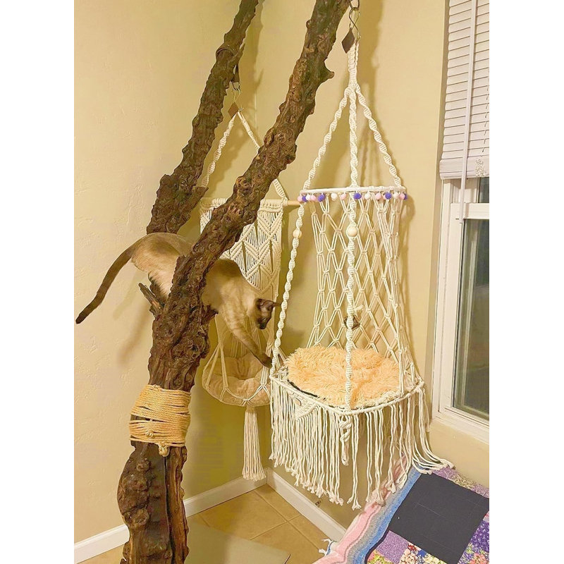 Cat Hammock Macrame Hanging Bed For Large Cats - 50Lbs Heavy Duty Cat Swing Wall Mounted Boho Window Perch - Hardware Kit Included