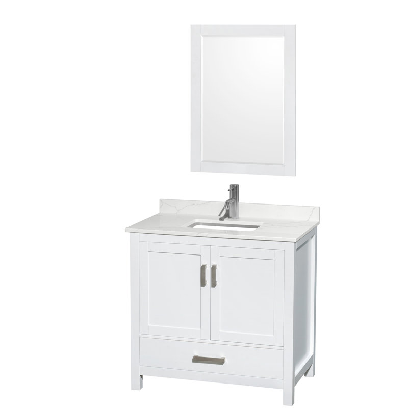 Ensemble de meuble-lavabo simple 36 po avec plateau en quartz et miroir 24 po Sheffield, Quartz Giotto, Gris, Chrome