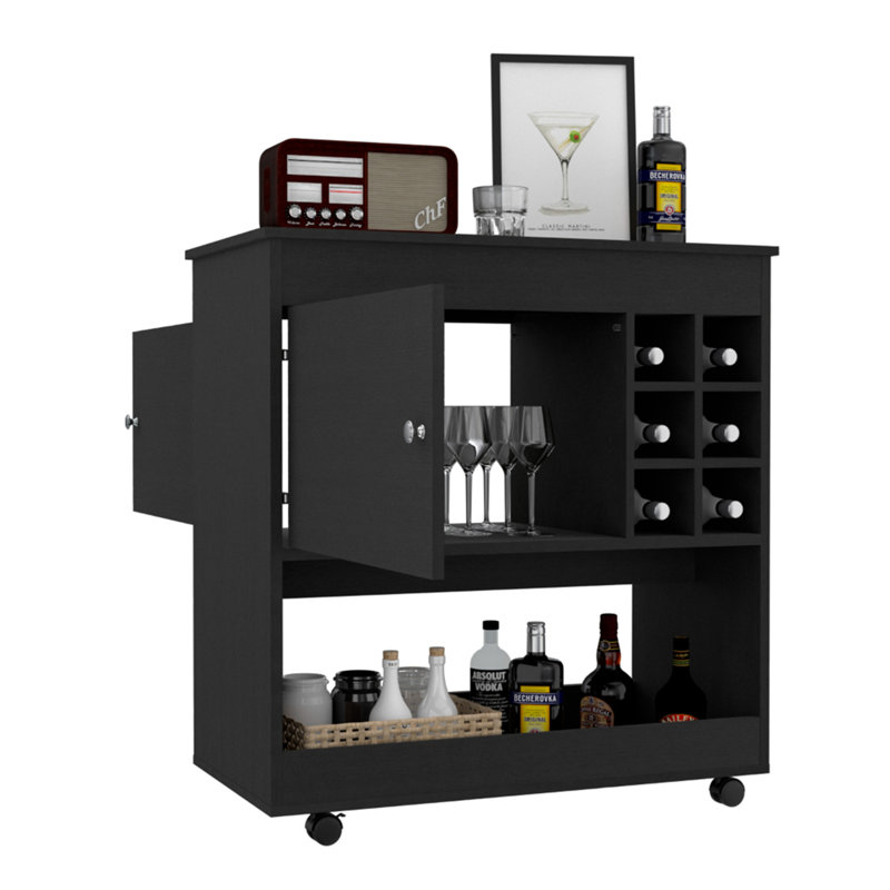 Chariot-bar Lotus, six casiers à bouteilles, une armoire, quatre roulettes, noir