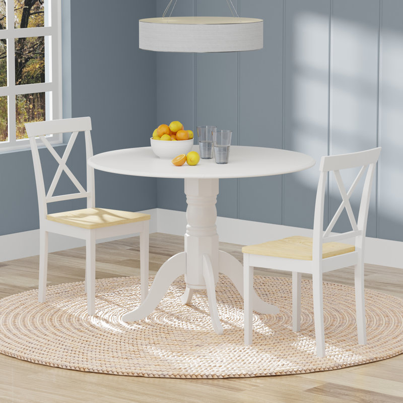Kwon Solid Wood Top Pedestal Dining Set, 3 Piece Dining Set, White, White/Natural