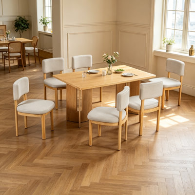 Farmhouse Wood Dining Table Set for 6 with 6 Upholstered Chairs, 60" Rectangular Dining Table with Cutout Table Legs