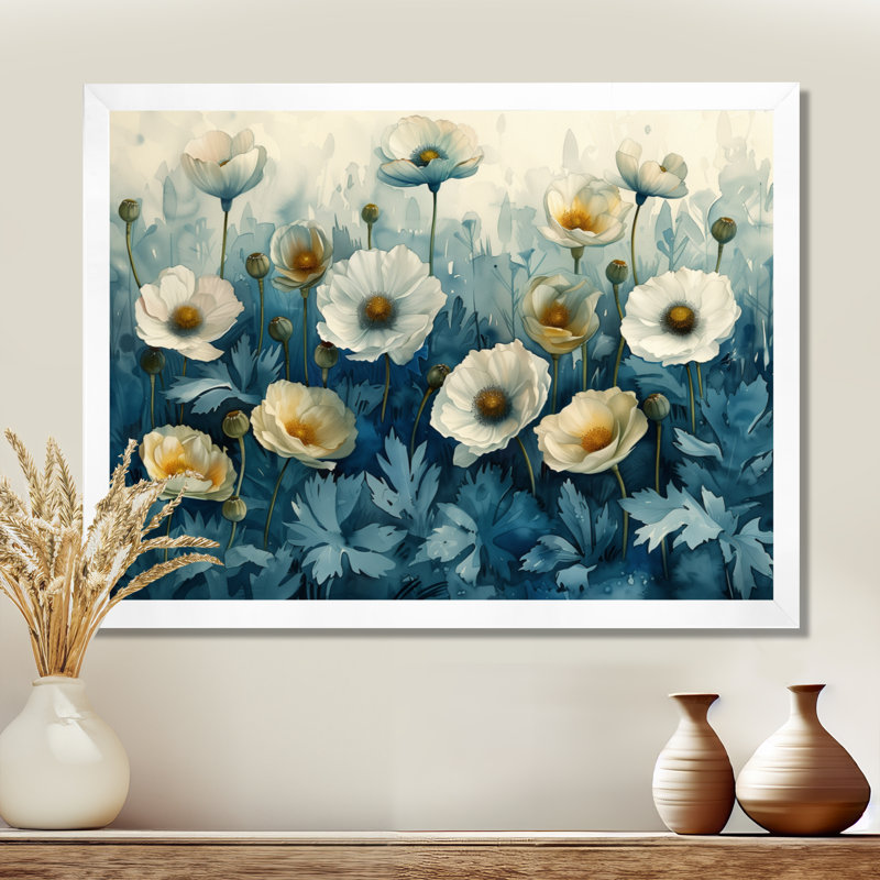 Blanc, bleu, jardin, fête, coquelicots - coquelicots, art mural, Toile encadrée blanche avec une seule photo
