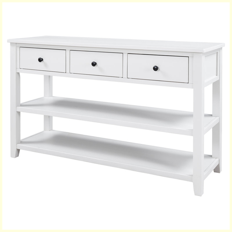 Console rétro avec deux tablettes ouvertes pour le salon, Blanc antique, Blanc antique