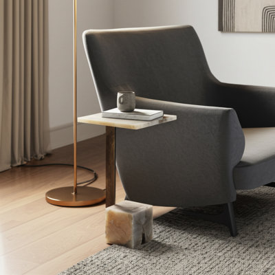 Marble and Metal C-Shaped End Table with Geometric Base