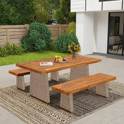 Outdoor 3 Piece Acacia Wood Dining Set with Handwoven Rattan Legs, Perfect for Patio and Garden Use
