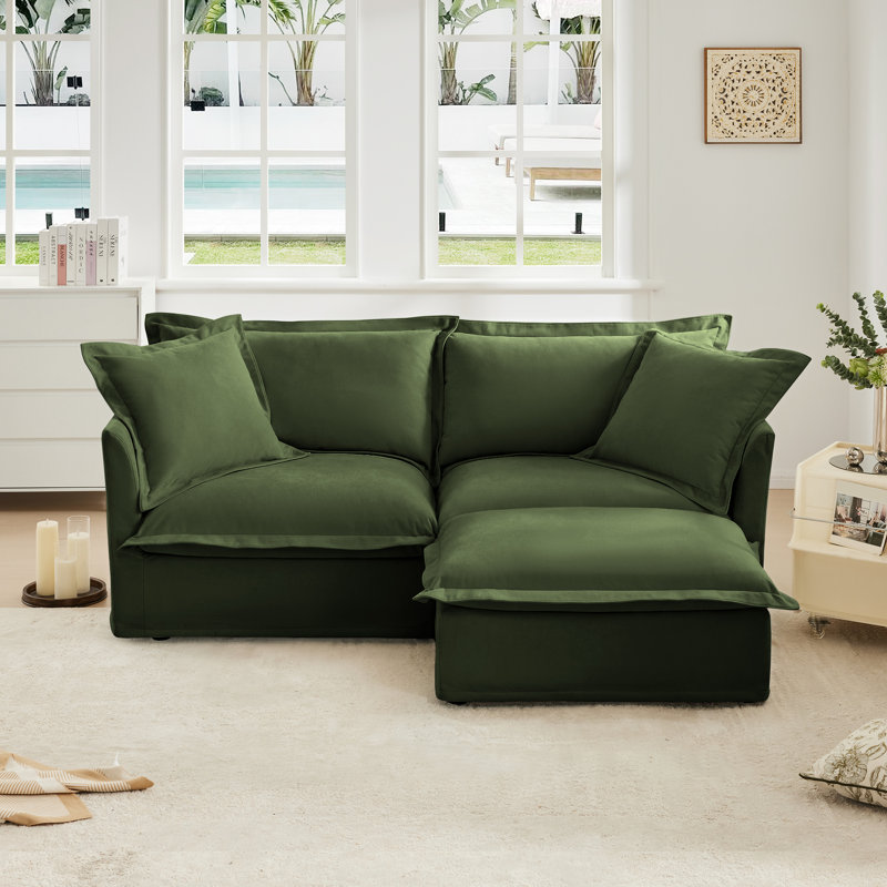Canapé modulaire 2 places avec repose-pieds convertible, canapé en L, tissu chenille, Chenille verte