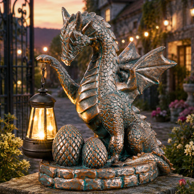 Solar Powered Dragon with Hanging Lantern Garden Statue