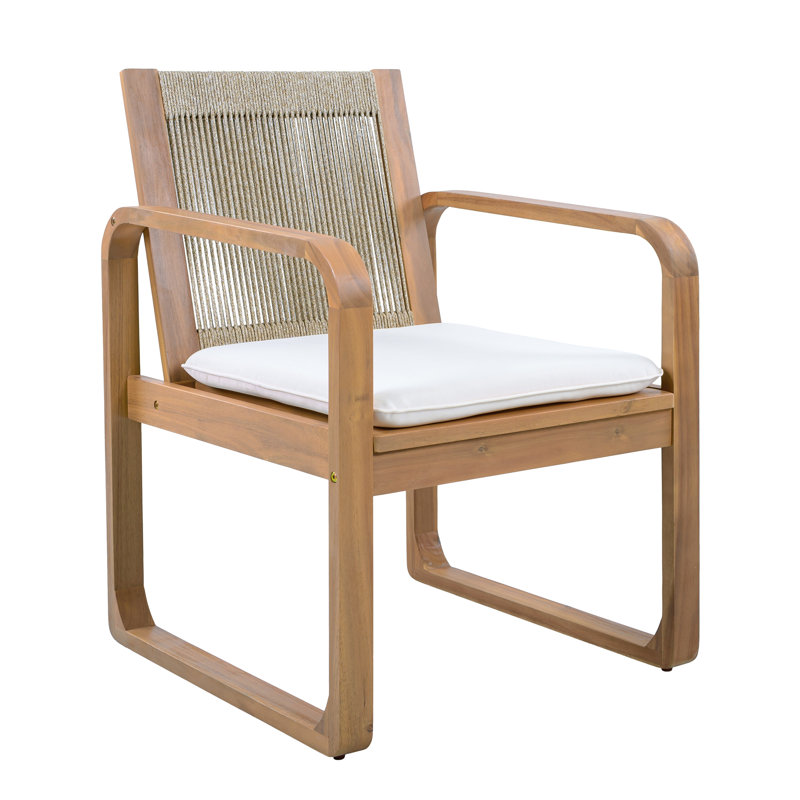 Ensemble de chaises de salle à manger d'extérieur 2 pièces: bois d'acacia avec dossier en corde brun et coussin beige, tissu hydrofuge, capacité de 400 lb, finition teck clair