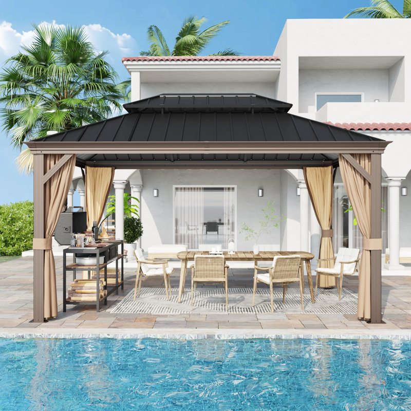 Pavillon de jardin d'extérieur à toit rigide en acier à 2 niveaux de 14 pi x l 10 pi avec protection totale en filet