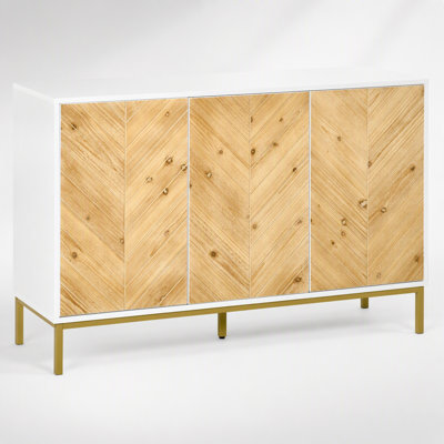 Buffet à 3 portes avec motif à chevrons, tablette réglable et pieds en métal pour les cuisines et les salons modernes