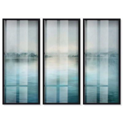 Ensemble de 3 impressions sous verre « Rive brumeuse » par Art Remedy, cadre noir, 20 x 48 pouces.